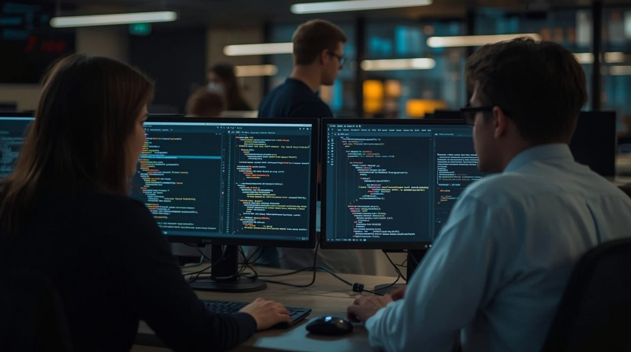Two people working at computers in a dimly lit room, likely a code review or programming session.
