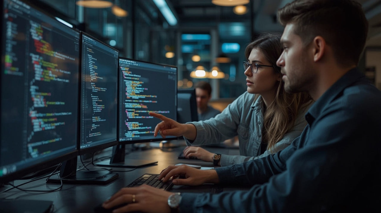 Two people working together at a desk with multiple computer monitors displaying code.