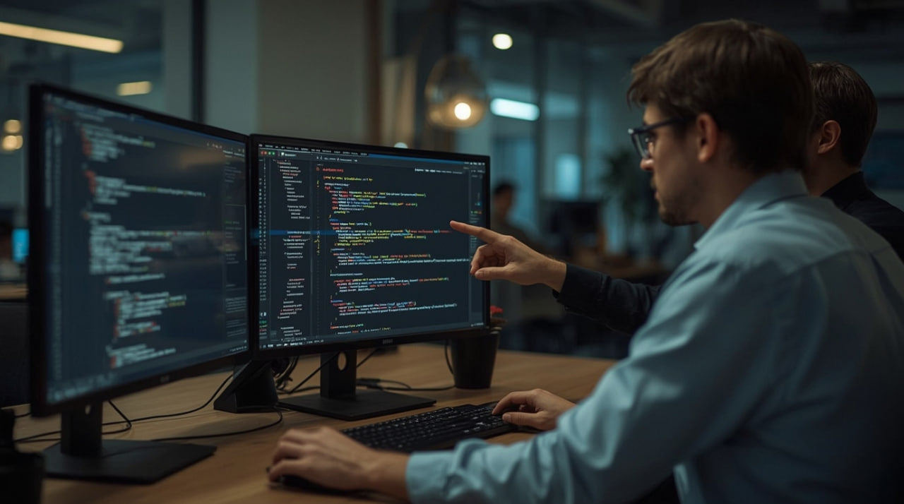 Person working at a desk with two computer monitors displaying code.