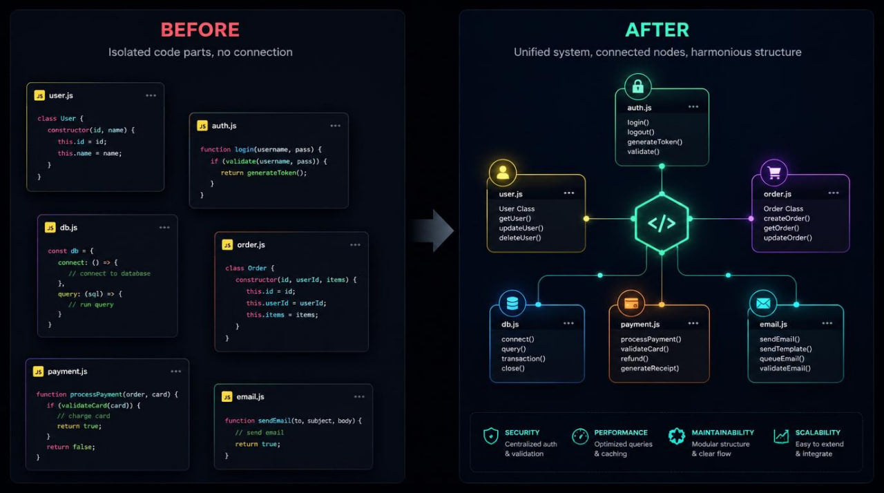 Before and after comparison of code organization on a dark background with text and icons.