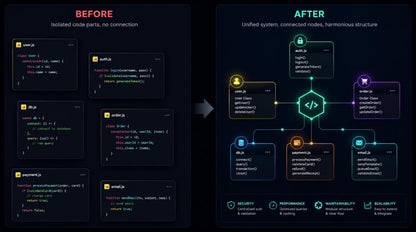 Before and after comparison of code organization on a dark background with text and icons.