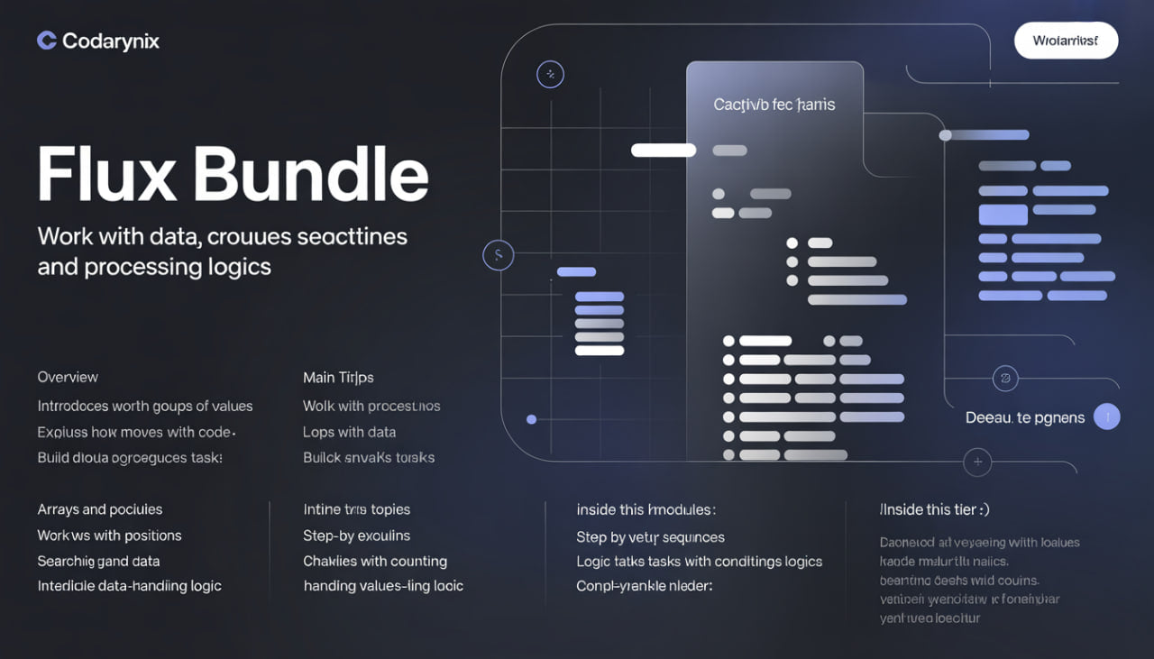 Codernyx Flux Bundle product page with text and abstract design elements on a dark background