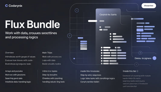 Codernyx Flux Bundle product page with text and abstract design elements on a dark background