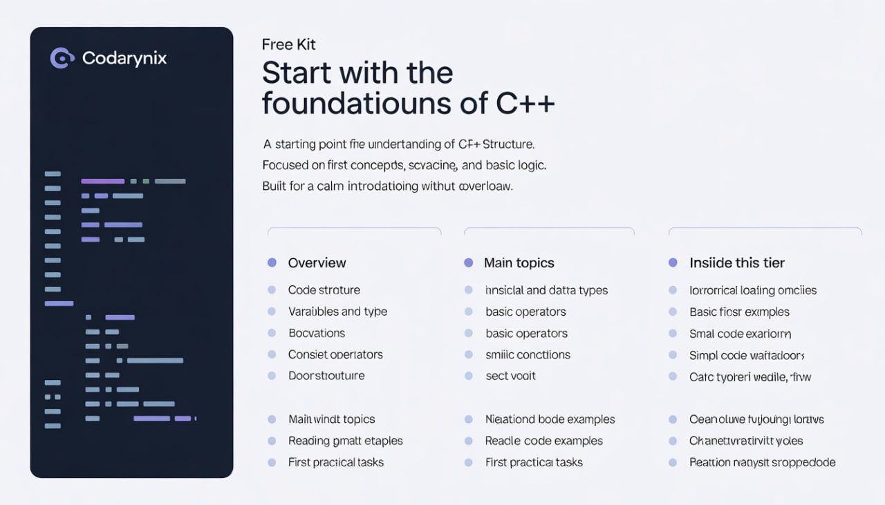 Codarynix C++ learning kit introduction with text and code structure diagram.