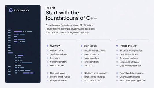 Codarynix C++ learning kit introduction with text and code structure diagram.