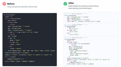 Before and after comparison of code formatting with improved readability.