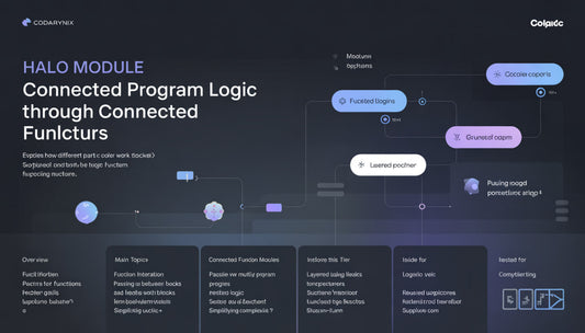 Diagram of connected program logic with text on a dark background