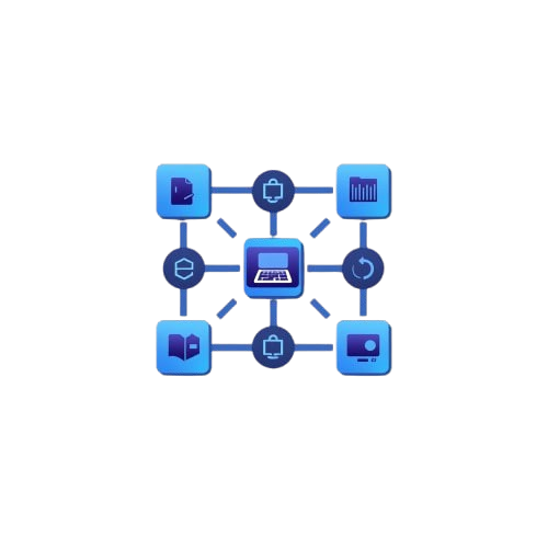 Network diagram with blue icons on a white background