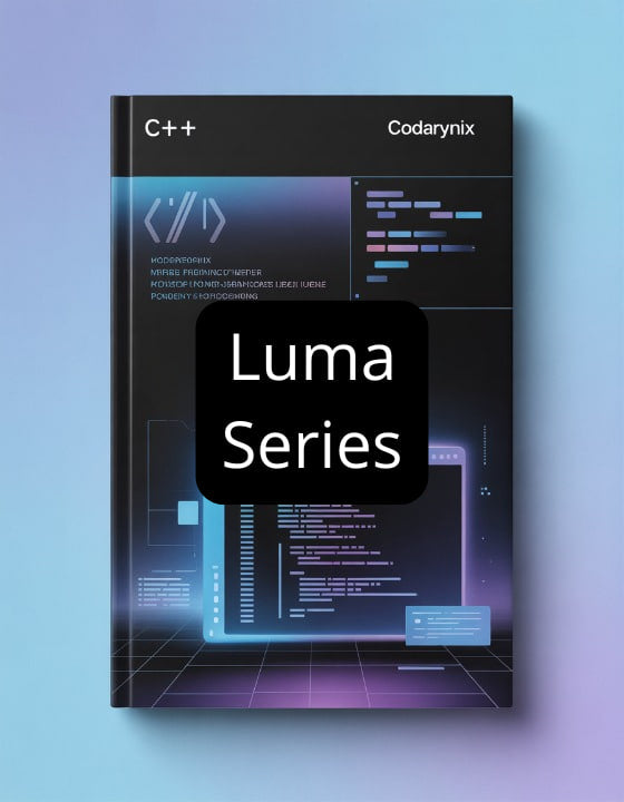 Book titled 'C++' by Codarynix in the Luma Series on a blue background
