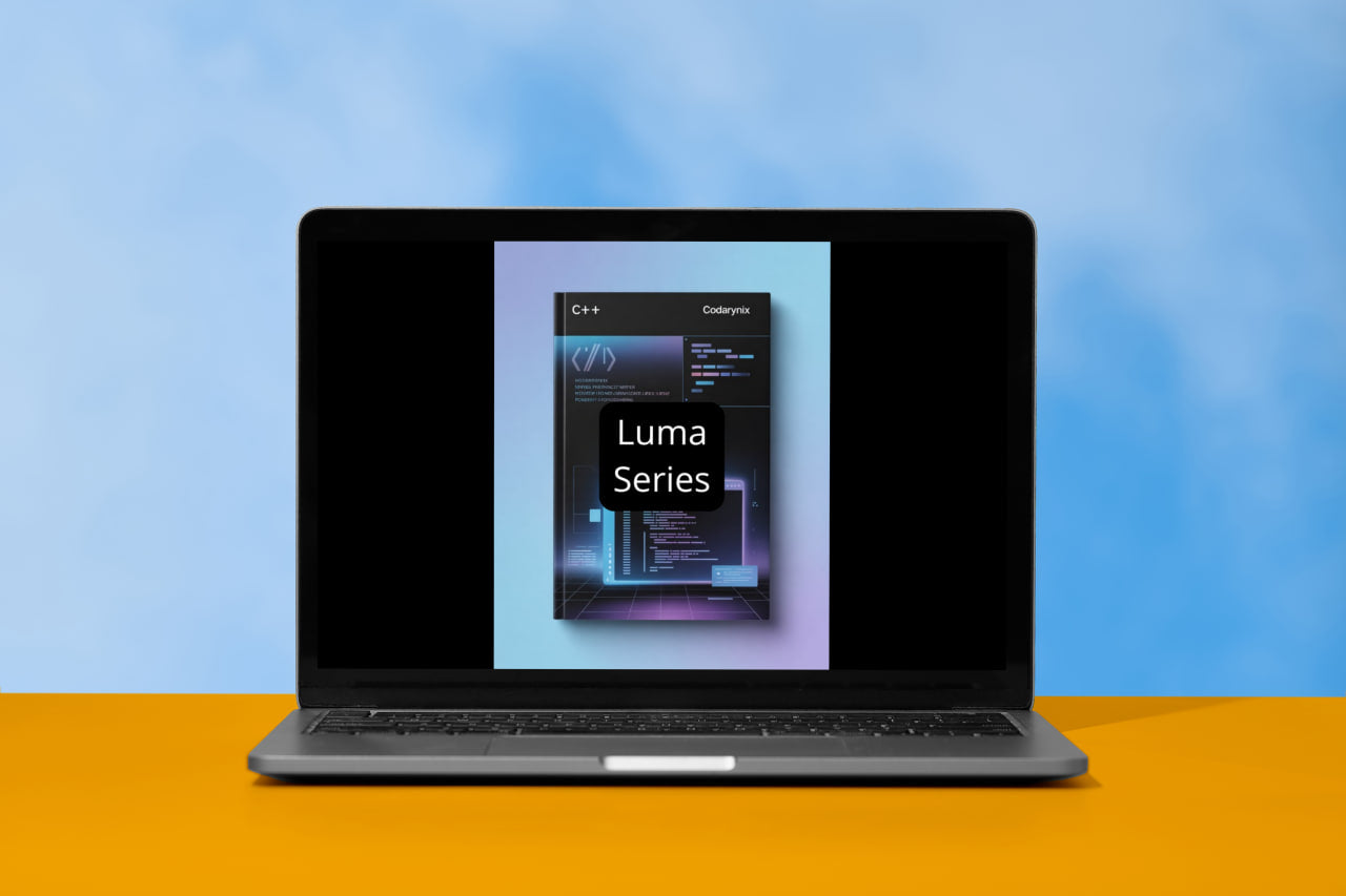 Laptop displaying a book cover titled 'Flow Course' on a blue and orange gradient background