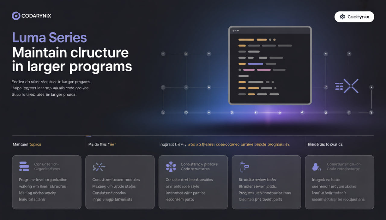 Promotional graphic for Codernix Luma Series software with text and icons on a dark background.