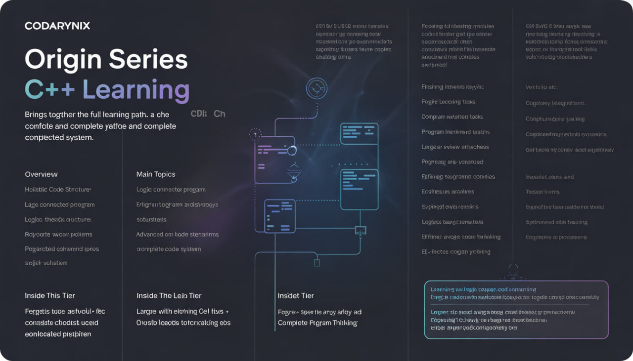 CODARYNX C++ Learning series overview with technical diagrams on a dark background