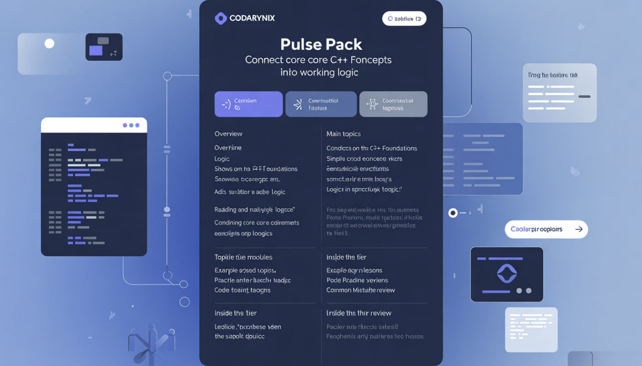 CODARYNEX Pulse Pack software interface on a blue background with technical graphics.
