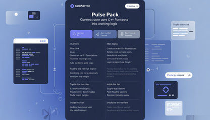 CODARYNEX Pulse Pack software interface on a blue background with technical graphics.