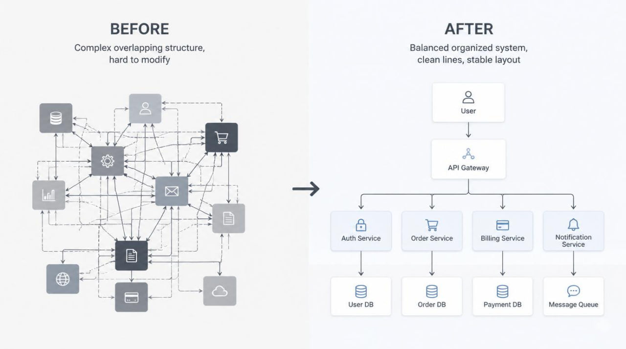 Comparison of complex overlapping structure before and balanced organized system after, with icons and labels.