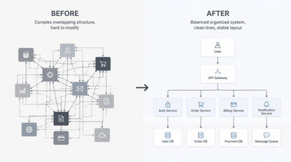 Comparison of complex overlapping structure before and balanced organized system after, with icons and labels.