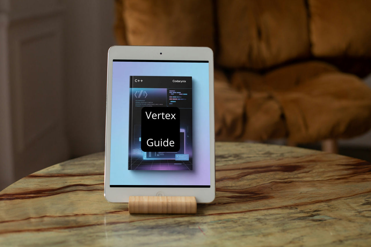 Tablet on a stand displaying 'Vertex Guide' app on a wooden surface.