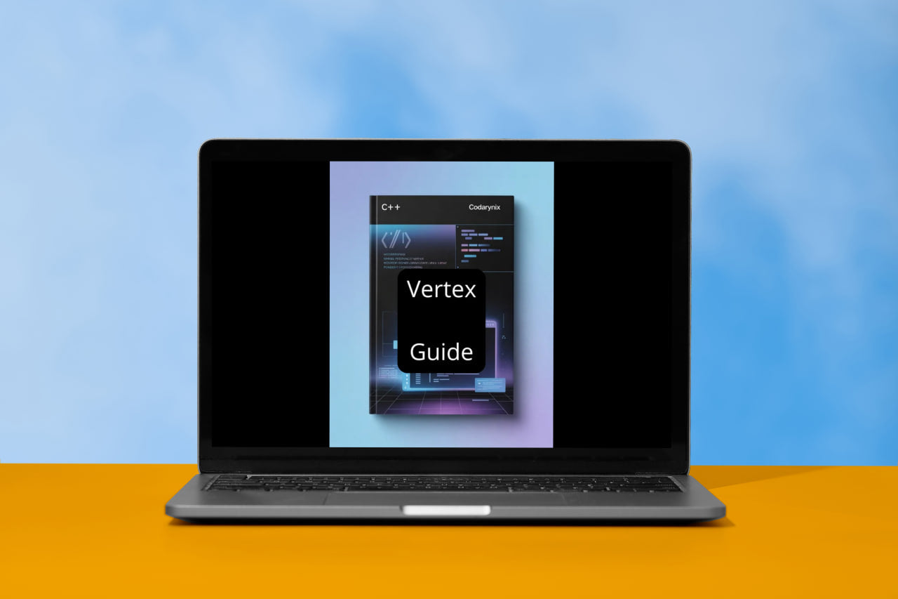 Laptop displaying a book cover titled 'Vertex Guide' on a blue and orange gradient background