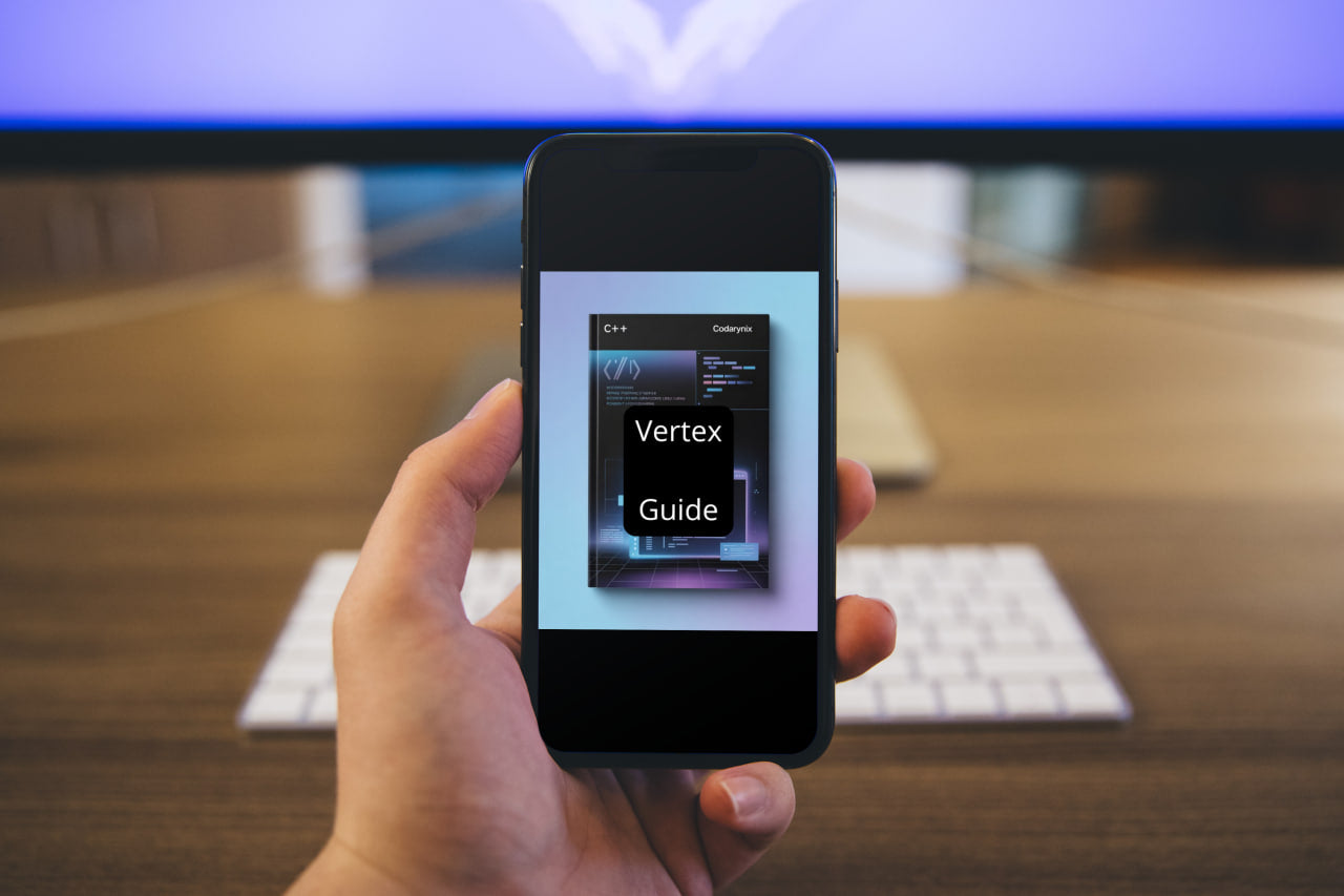 Hand holding a smartphone with an app displayed, blurred office background